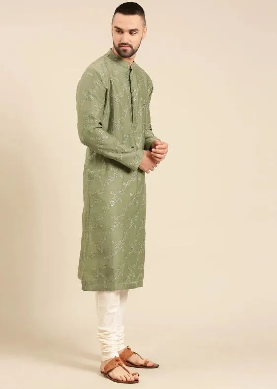 Green Silk Chanderi Kurta Set