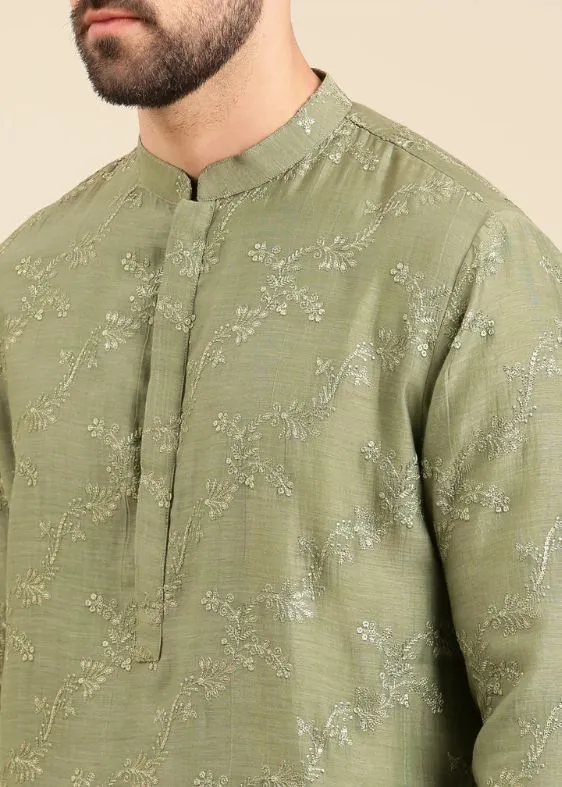 Green Silk Chanderi Kurta Set