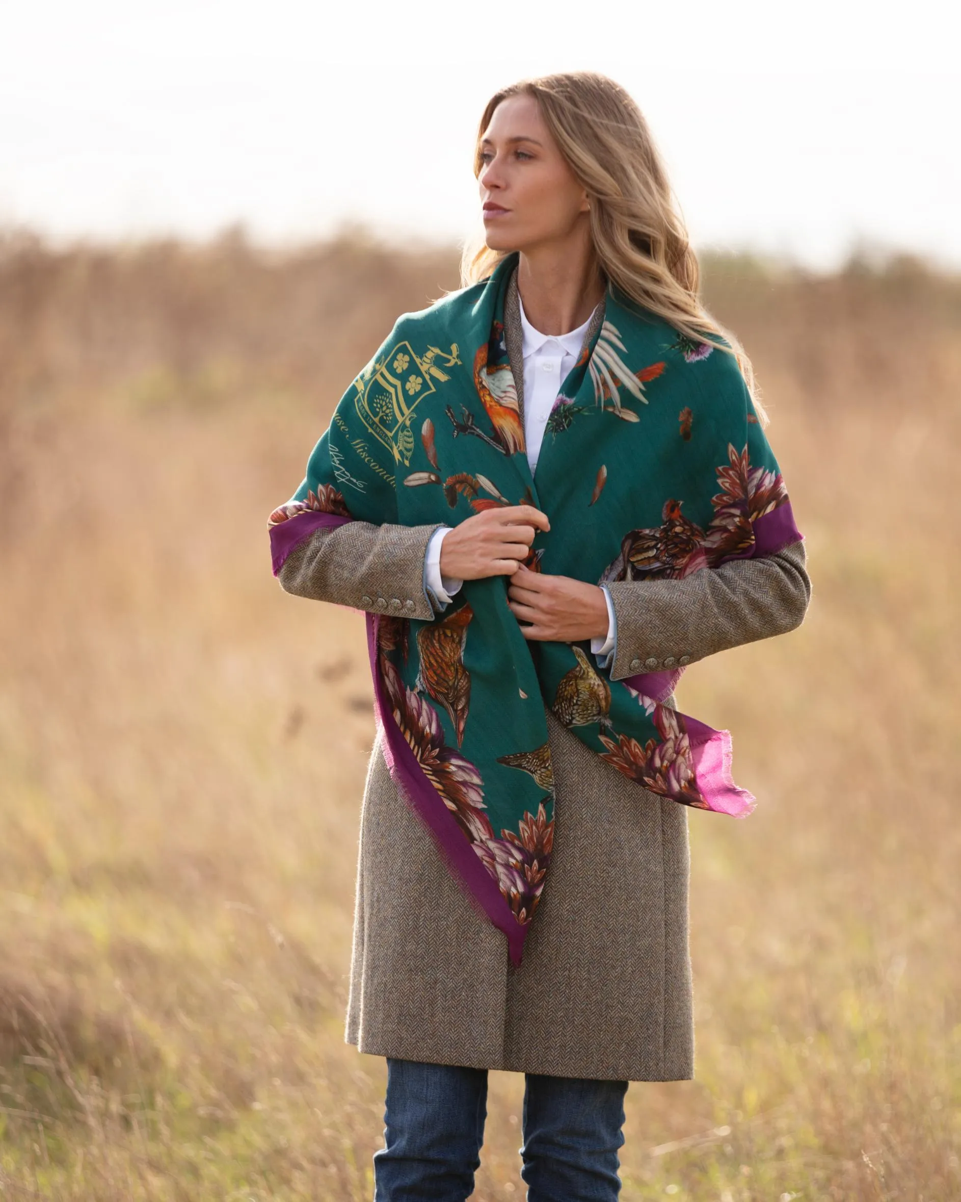 Grouse Misconduct Teal Green & Aubergine Purple Wool Silk Shawl