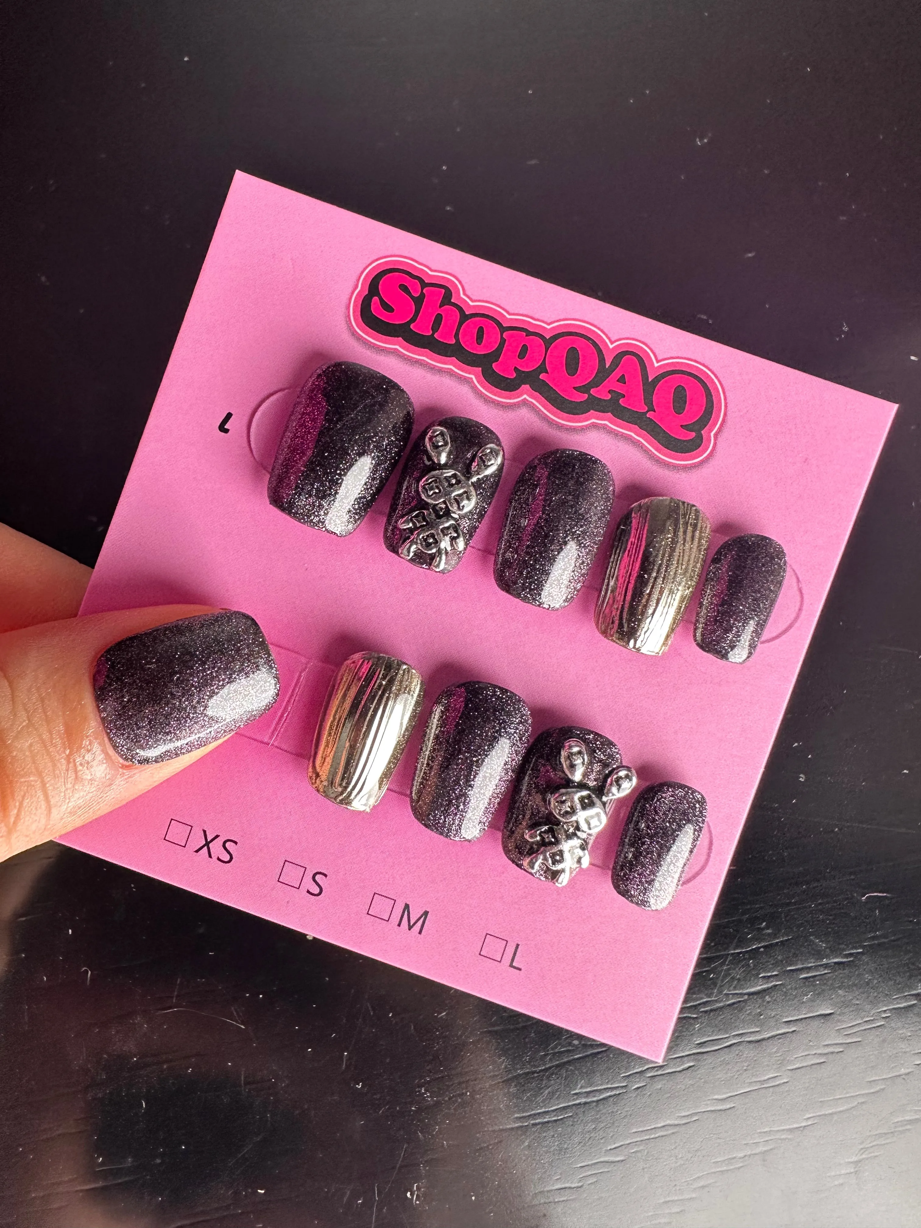 Handcrafted Dark Cat Eye Purple Crystal Press On Nails – Trendy & Sophisticated