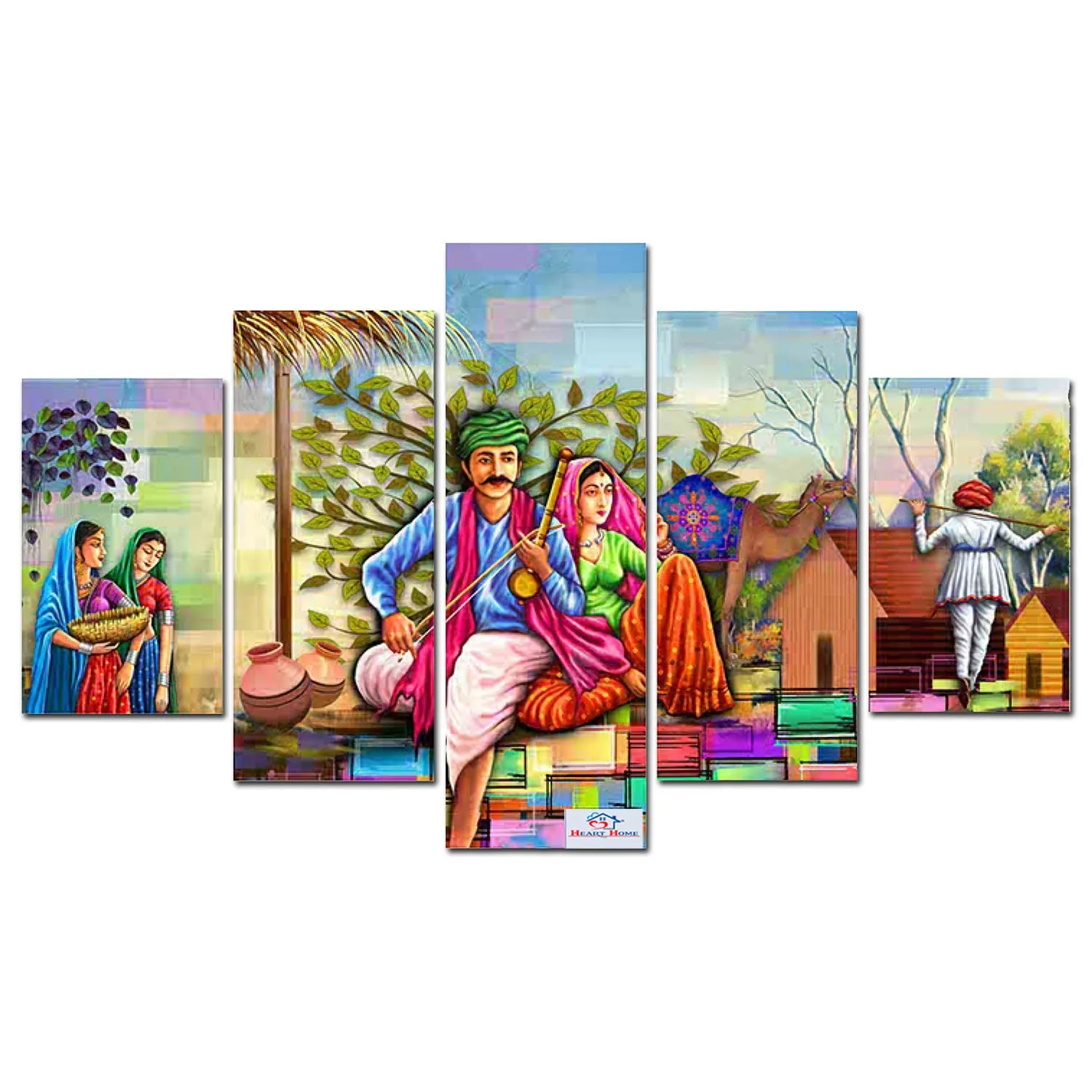 Heart Home Wall Paintings | MDF Wooden Wall Art for Living Room |Wall Sculpture | Rajasthani Painting for Bedroom | Office | Hotels | Gift | 1730KITL3 |5 Piece Set| Multicolor