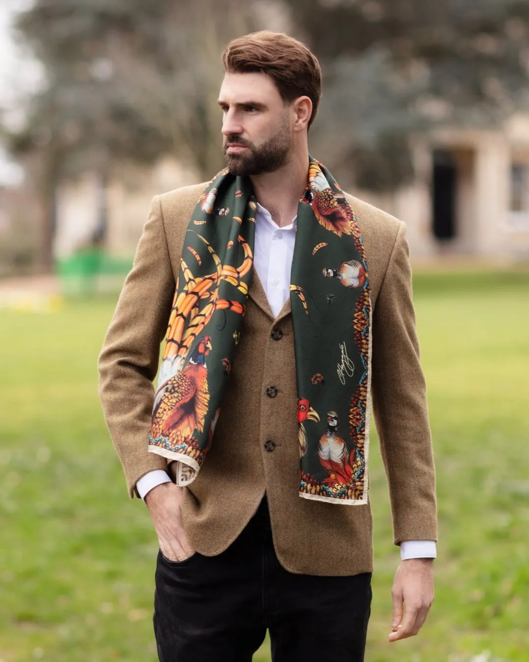 Here Come The Boys Silk Pheasant Scarf in Khaki