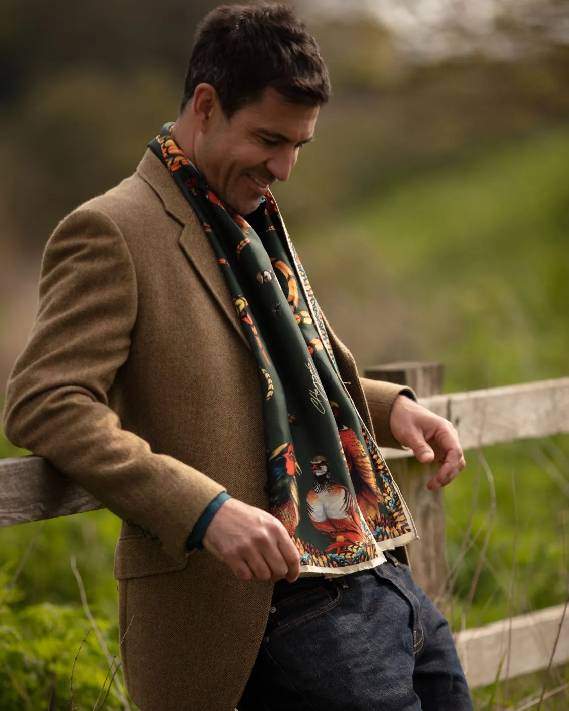 Here Come The Boys Silk Pheasant Scarf in Khaki