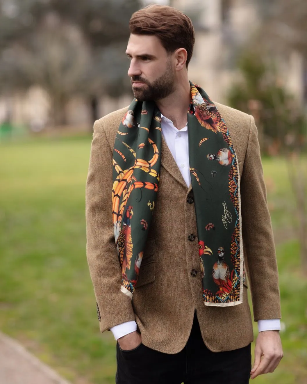 Here Come The Boys Silk Pheasant Scarf in Khaki