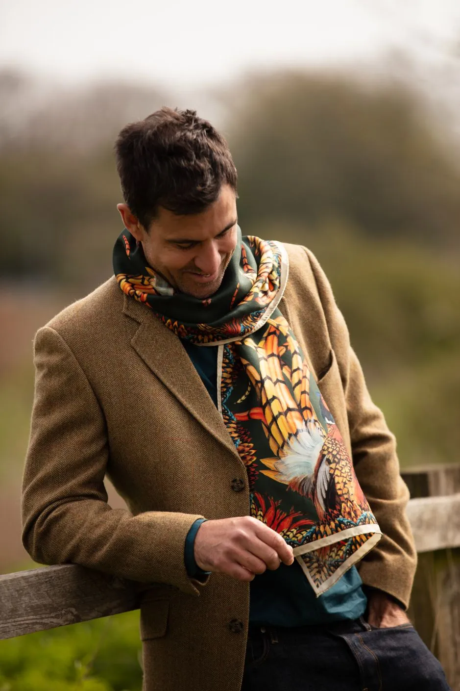 Here Come The Boys Silk Pheasant Scarf in Khaki