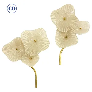 Italian Modern Pair Cream White Murano Glass 3-Flower Branch Brass Wall Sconces