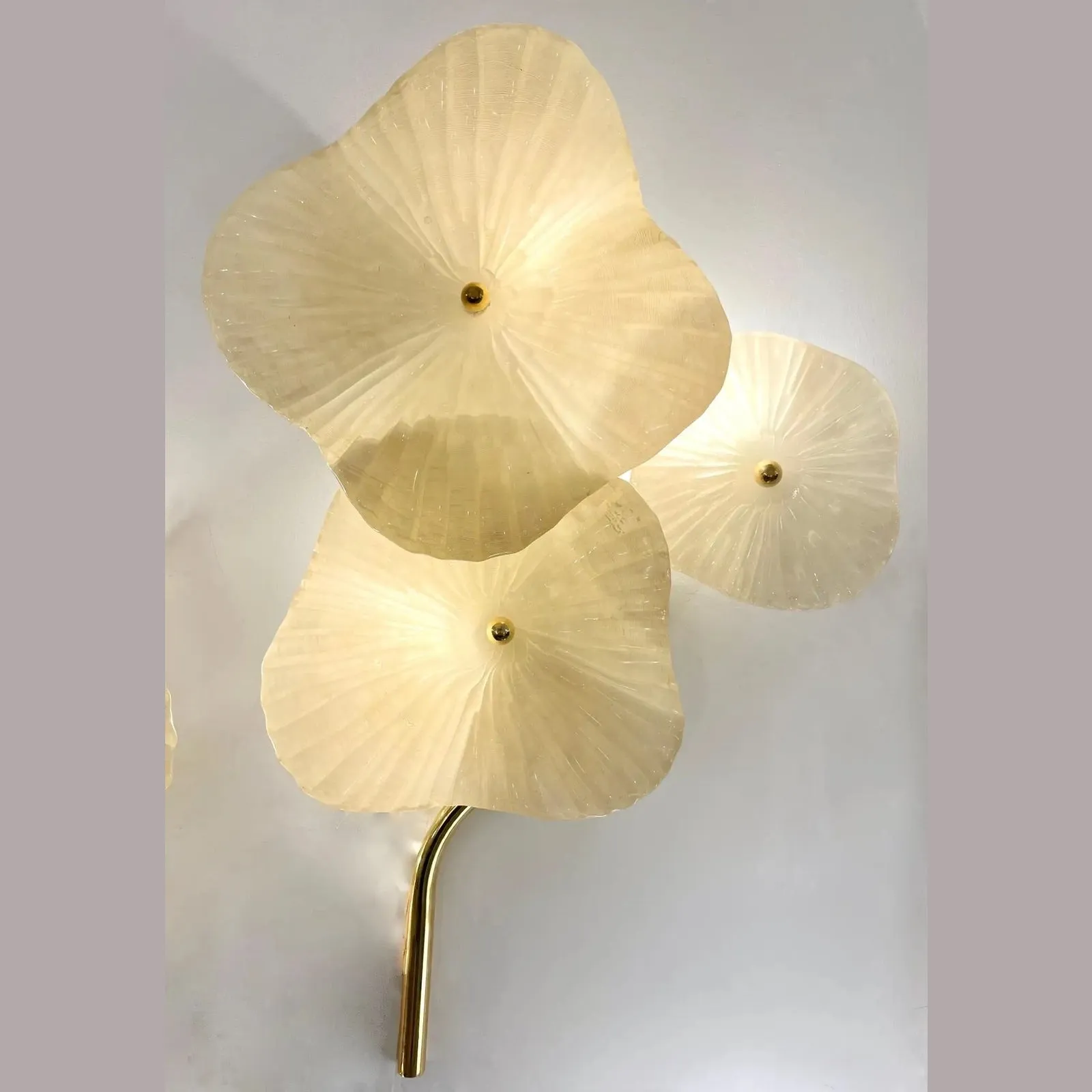 Italian Modern Pair Cream White Murano Glass 3-Flower Branch Brass Wall Sconces