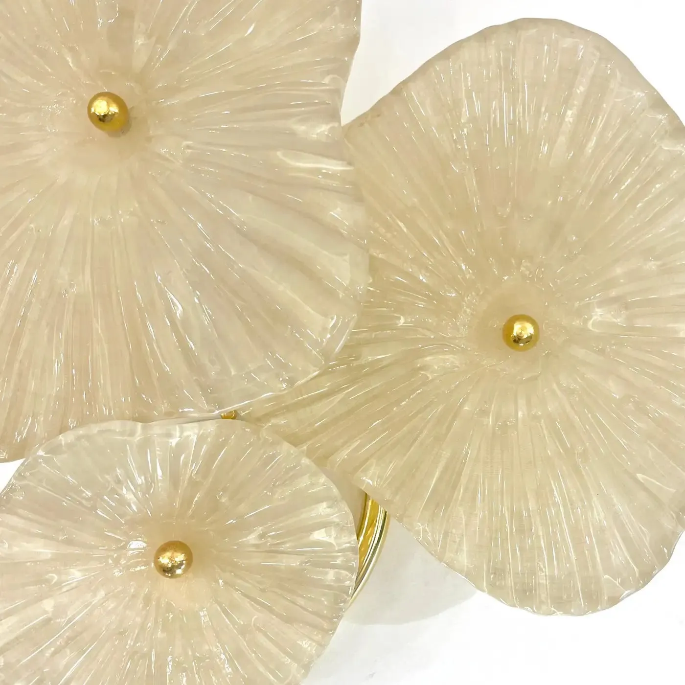 Italian Modern Pair Cream White Murano Glass 3-Flower Branch Brass Wall Sconces