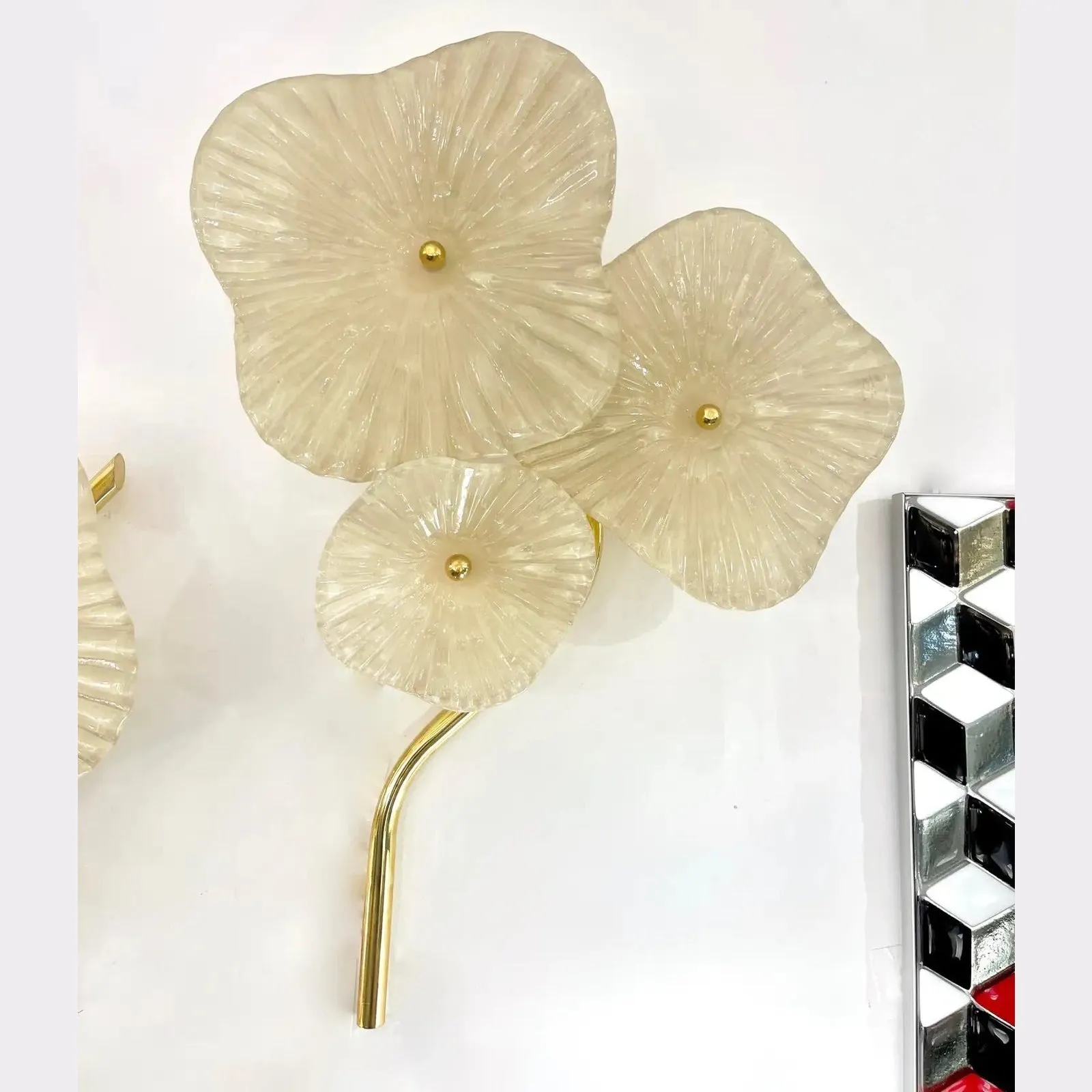 Italian Modern Pair Cream White Murano Glass 3-Flower Branch Brass Wall Sconces