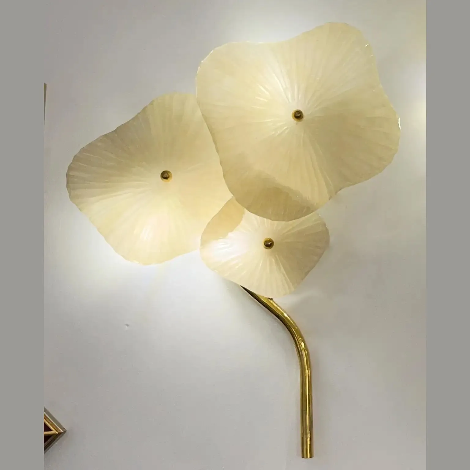 Italian Modern Pair Cream White Murano Glass 3-Flower Branch Brass Wall Sconces