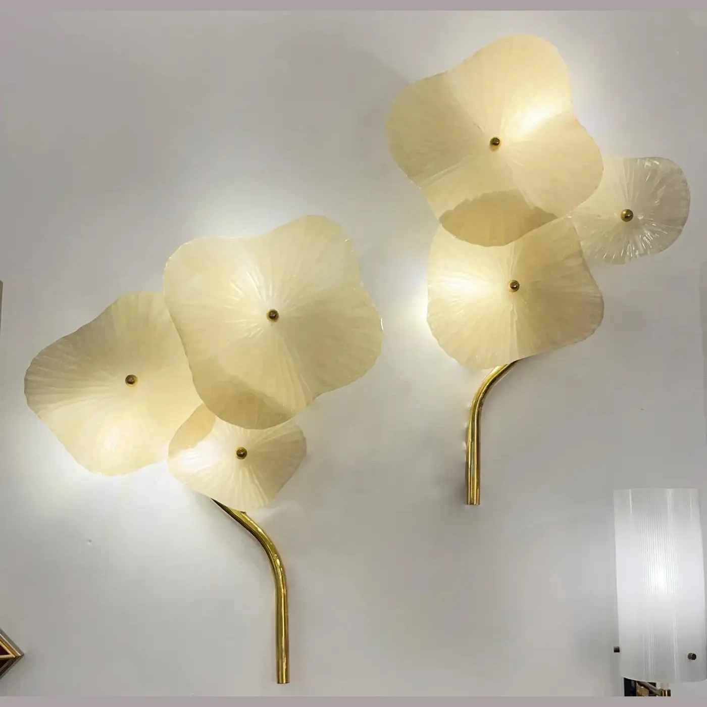 Italian Modern Pair Cream White Murano Glass 3-Flower Branch Brass Wall Sconces