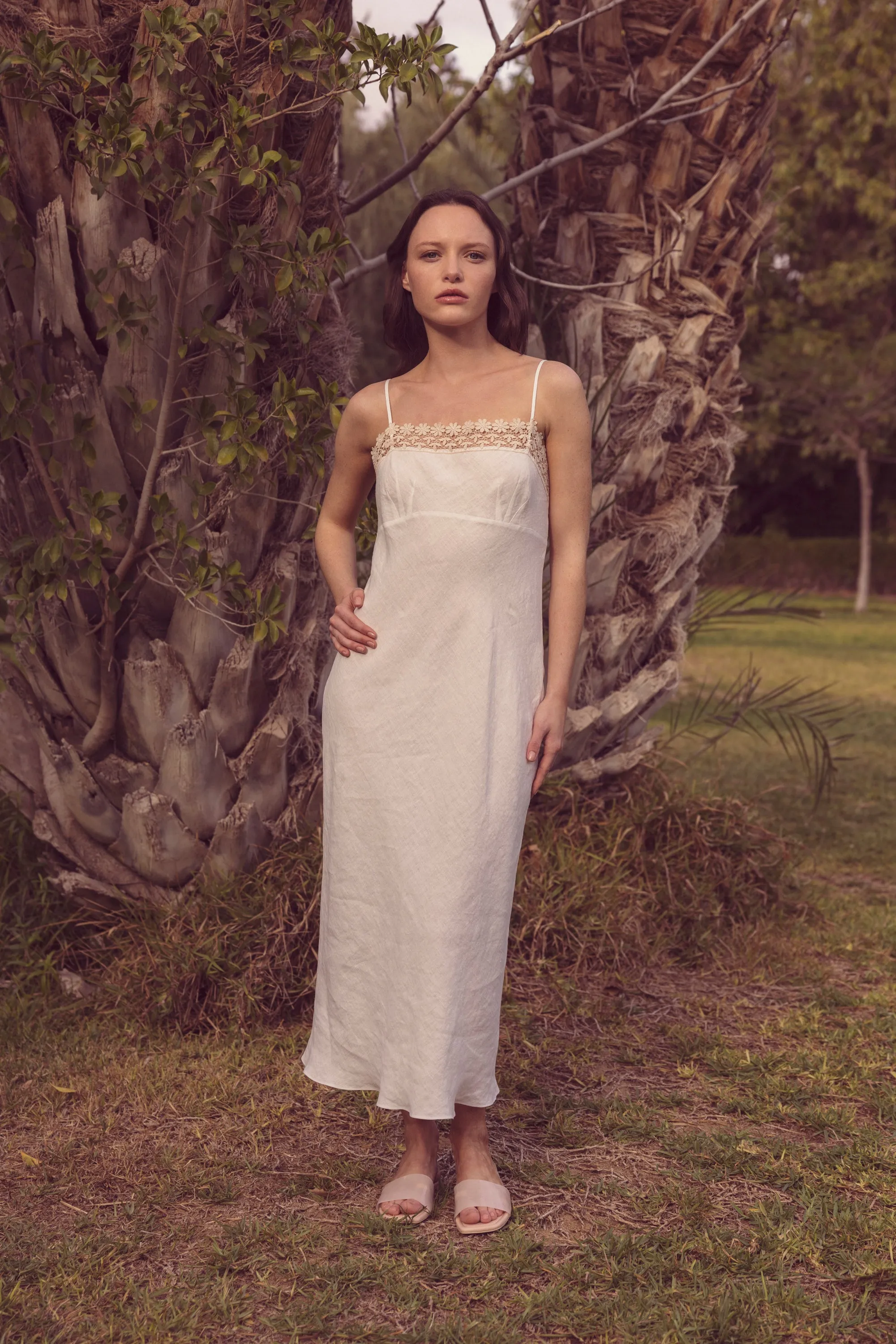 Josephine Linen Midi Dress with Guipure trim