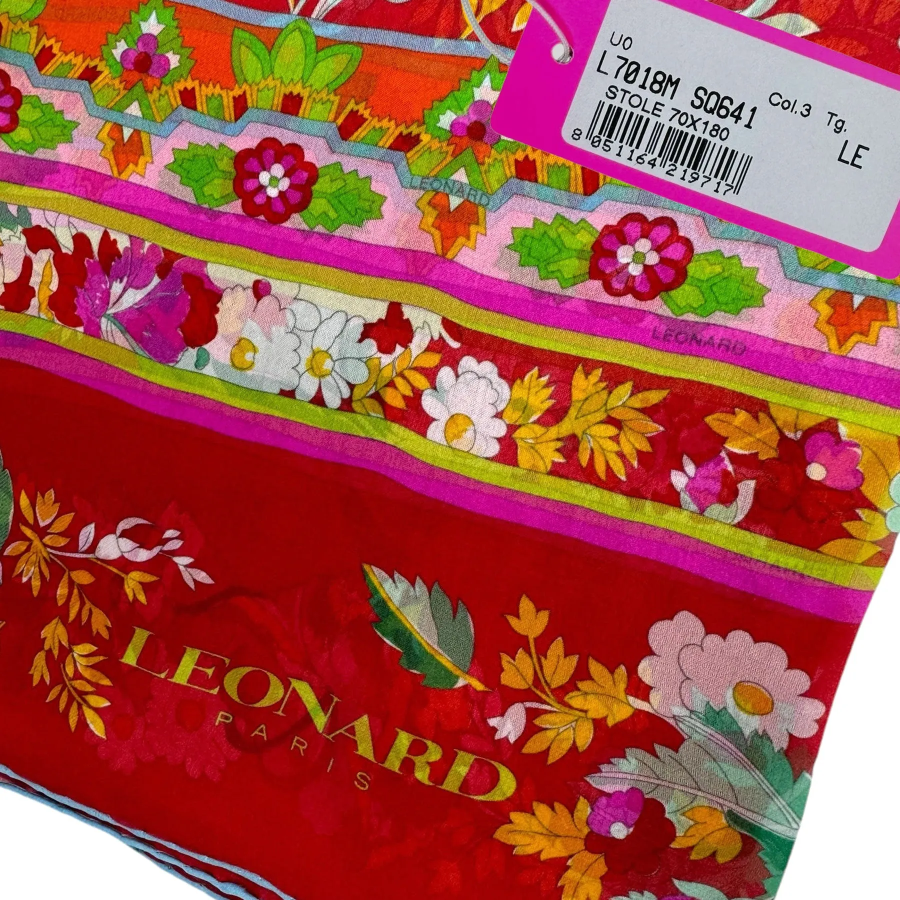 Leonard Paris Scarf Red Orange Green Floral Design - Chiffon Silk Shawl