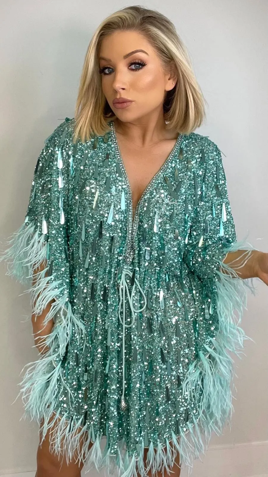 MARGEAUX HAND BEADED DRESS - AQUA