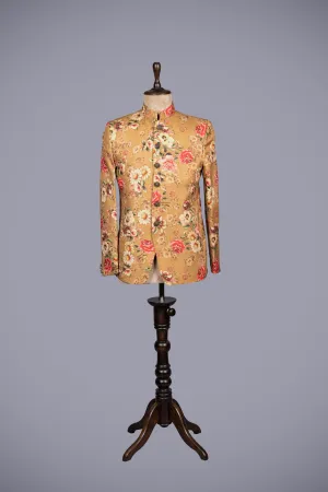Men’s Mustard Silk Printed Jodhpuri Top
