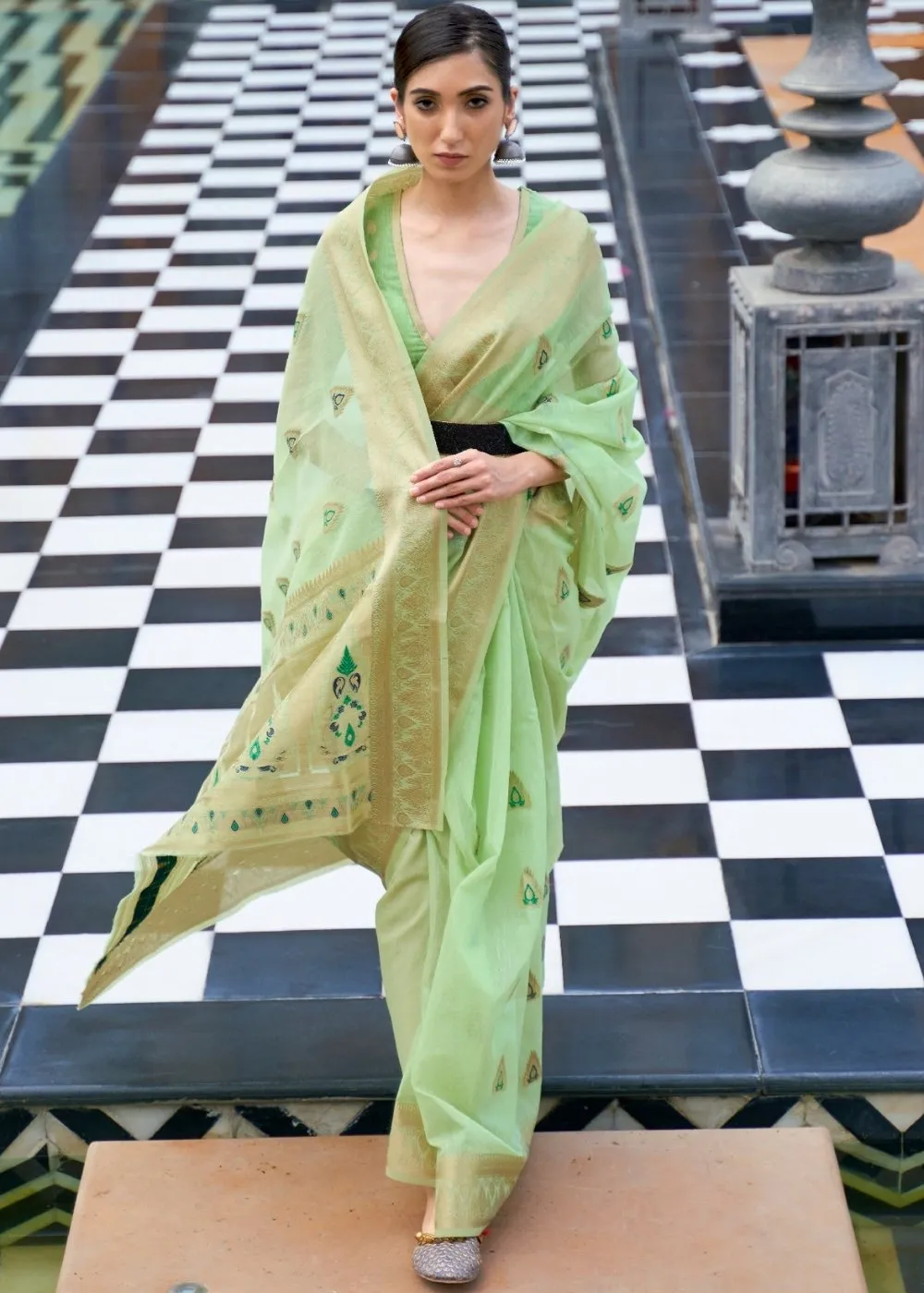 Mint Green Woven Linen Silk Saree