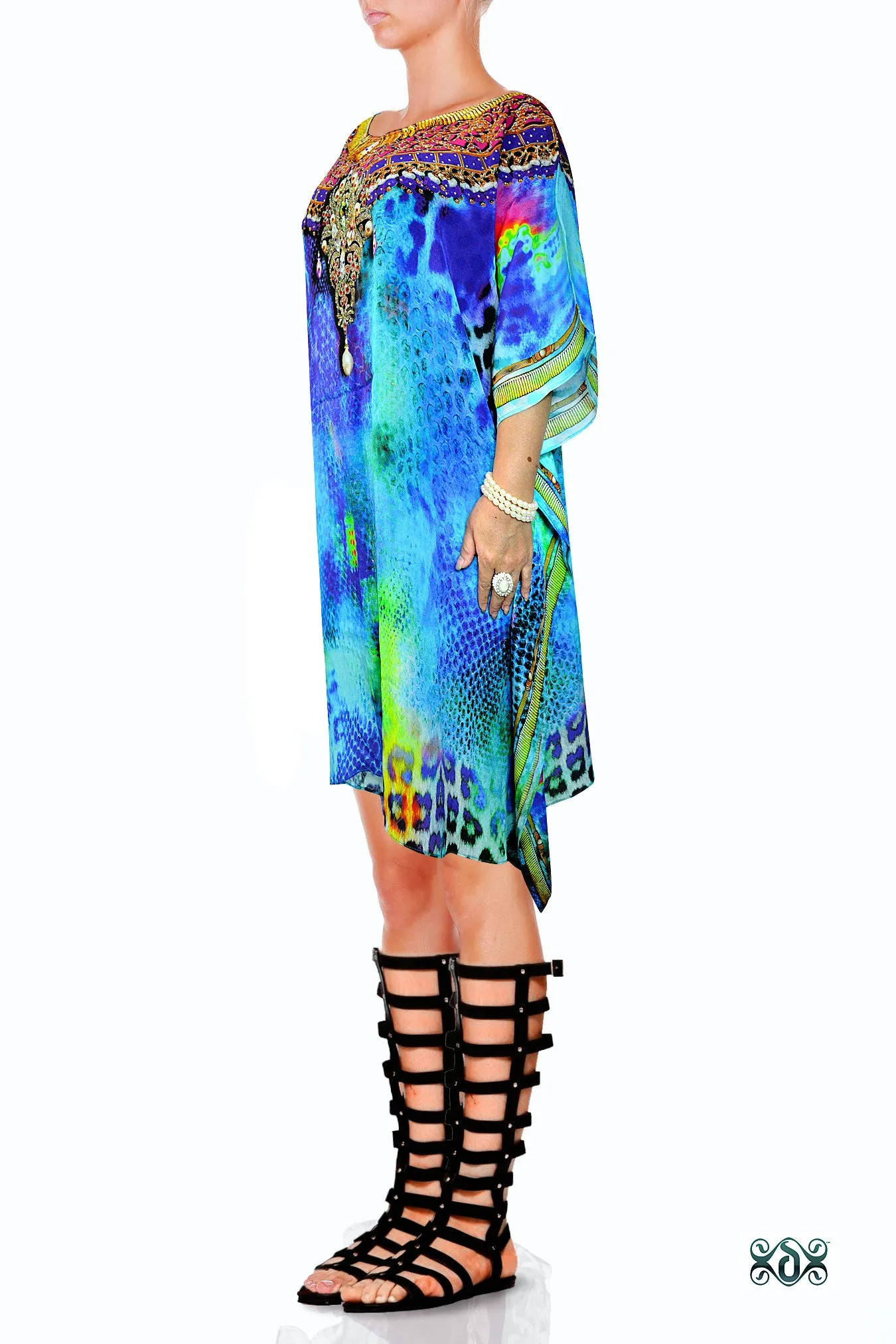 NATURE MORTE Cobra Leopard Devarshy Pure Silk Short Embellished Kaftan - 0013