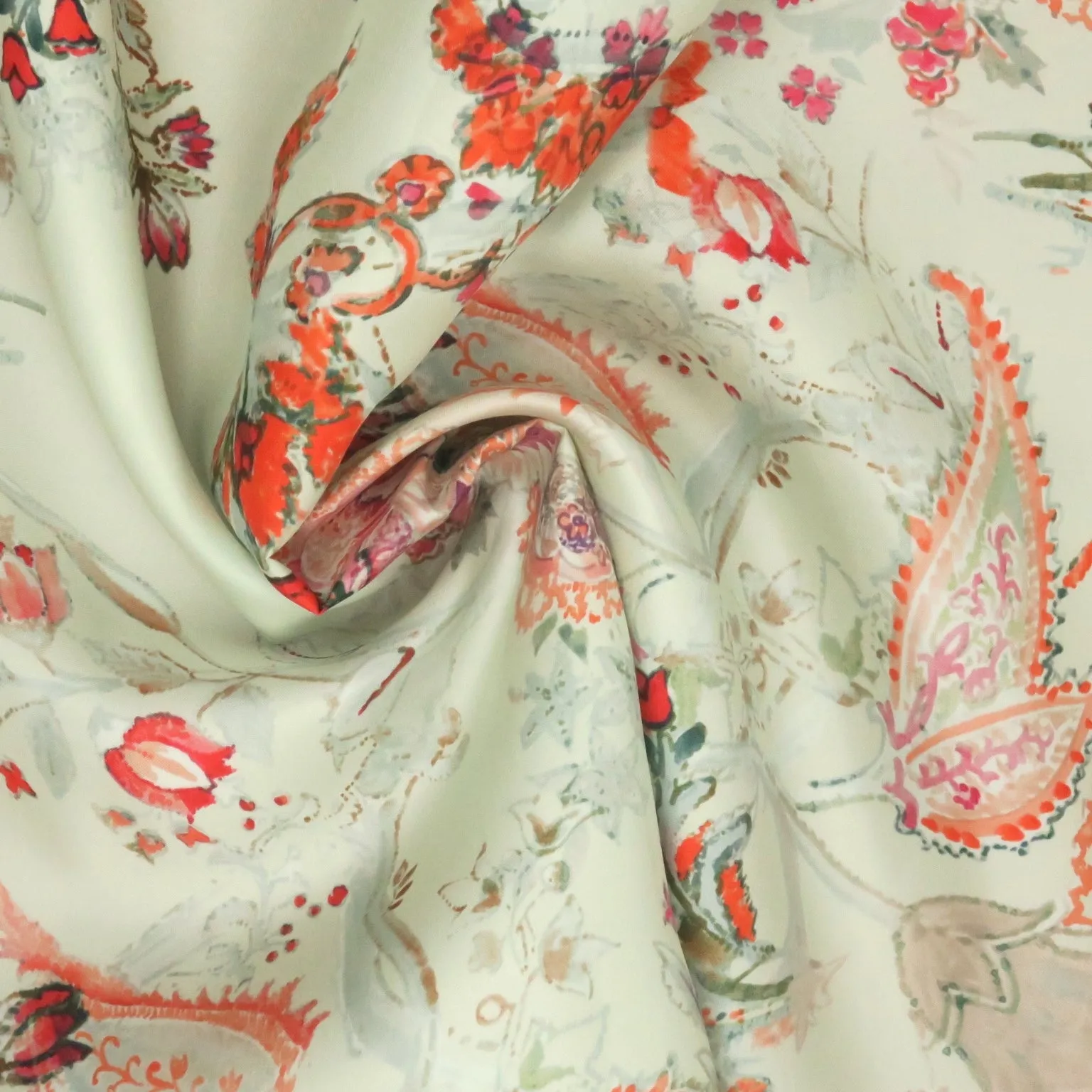 Orange and Fuchsia Florals on a Mint Green Background Printed Silk Gazar Satin OrganzaFabric