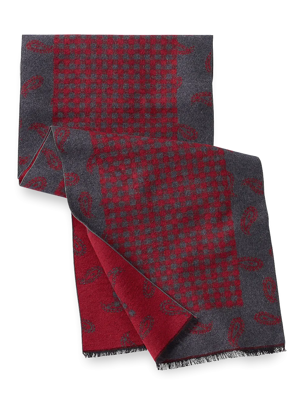 Paisley Check Brushed Silk Scarf - Red/grey