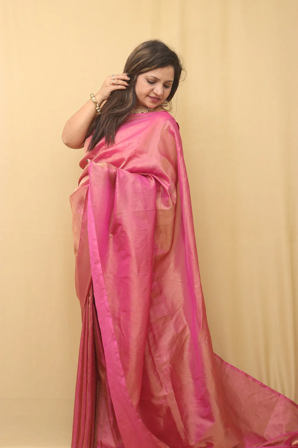 Pink Plain Tissue Katan Silk Saree