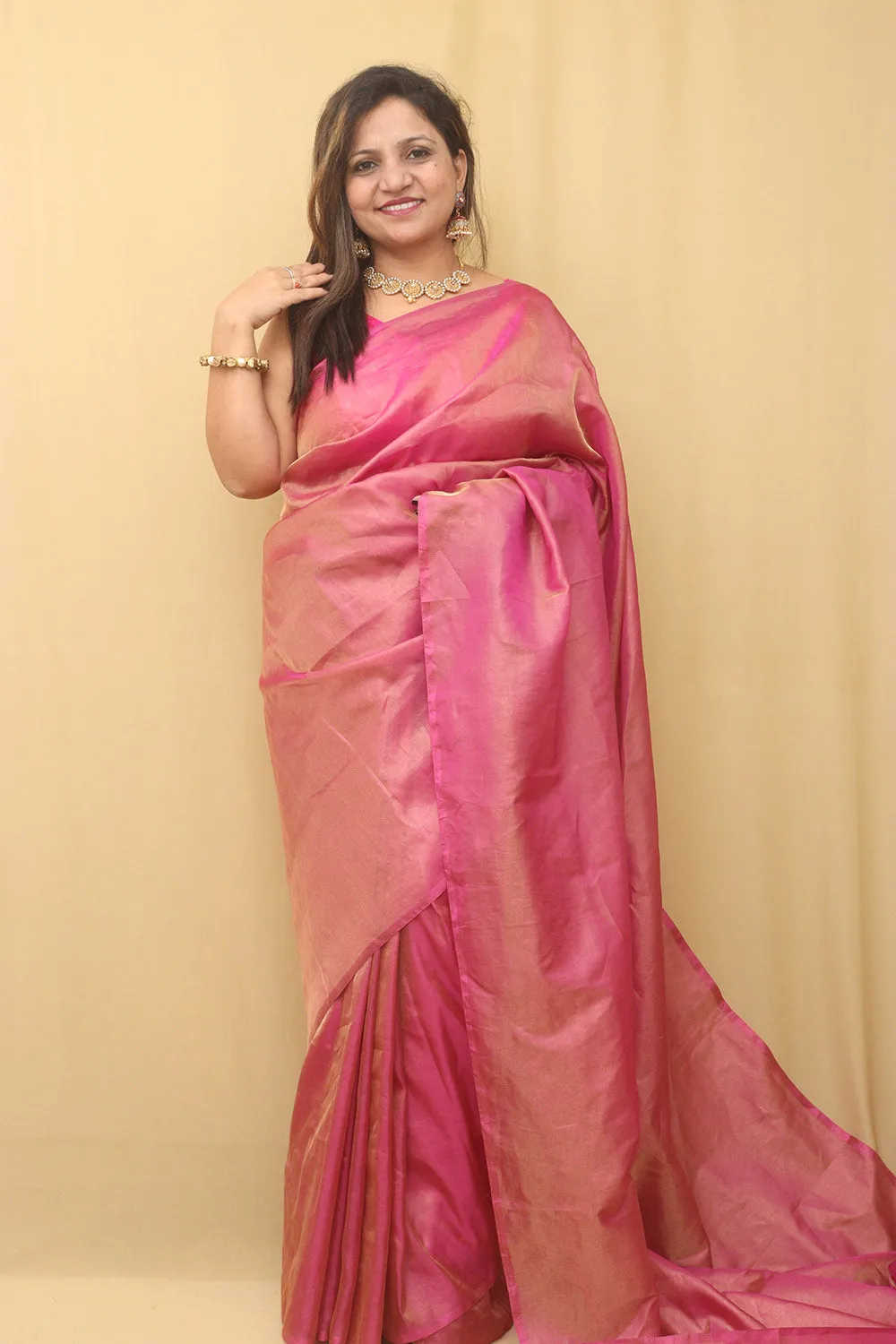 Pink Plain Tissue Katan Silk Saree