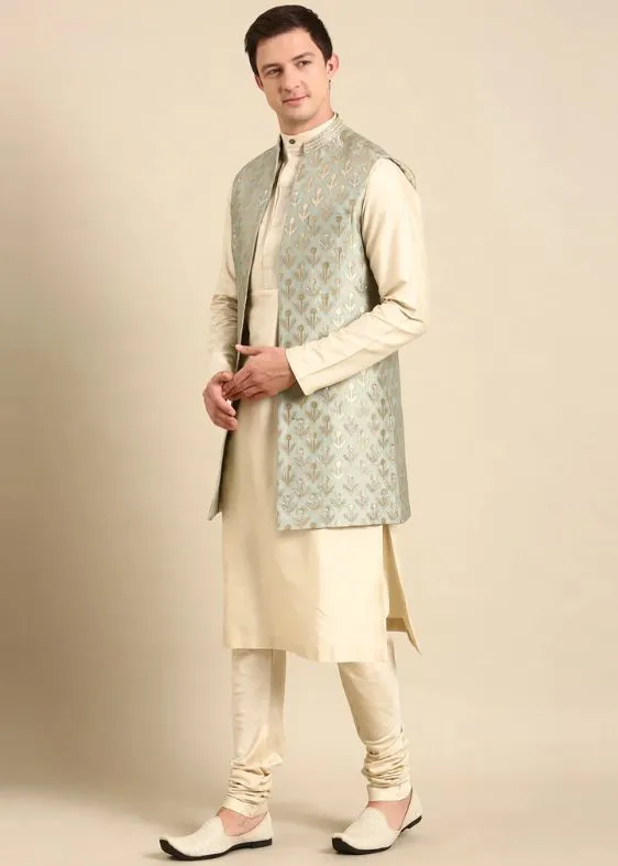 Pista Green Banarasi Silk Jaquard Long Open Jacket