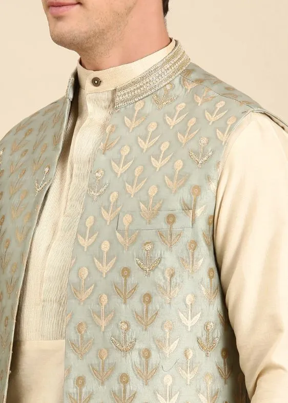 Pista Green Banarasi Silk Jaquard Long Open Jacket