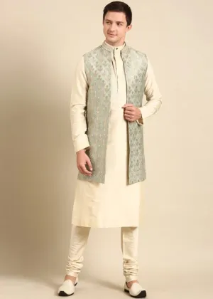 Pista Green Banarasi Silk Jaquard Long Open Jacket Pista Green Banarasi Silk Jaquard Long Open Jacket