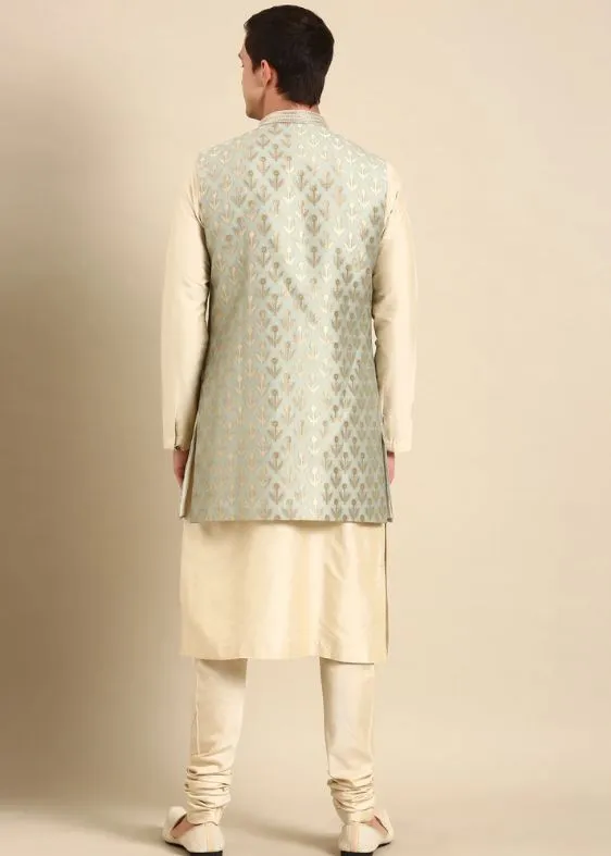 Pista Green Banarasi Silk Jaquard Long Open Jacket
