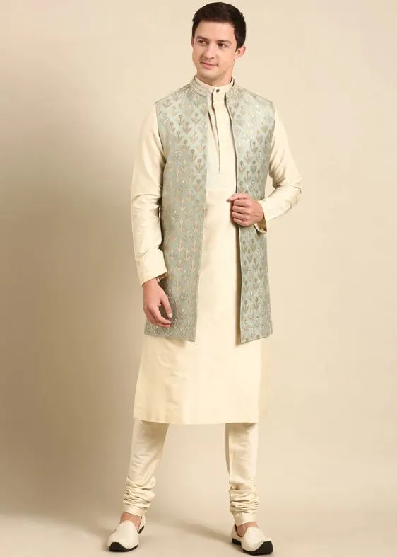 Pista Green Banarasi Silk Jaquard Long Open Jacket