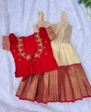 PRE ORDER : Charming Contrast: Half-White and Red Frock with Aari Work Overcoat