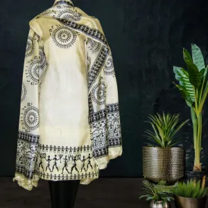 Printed Tussar Silk Dress Material with in Off White Black with worli motifs