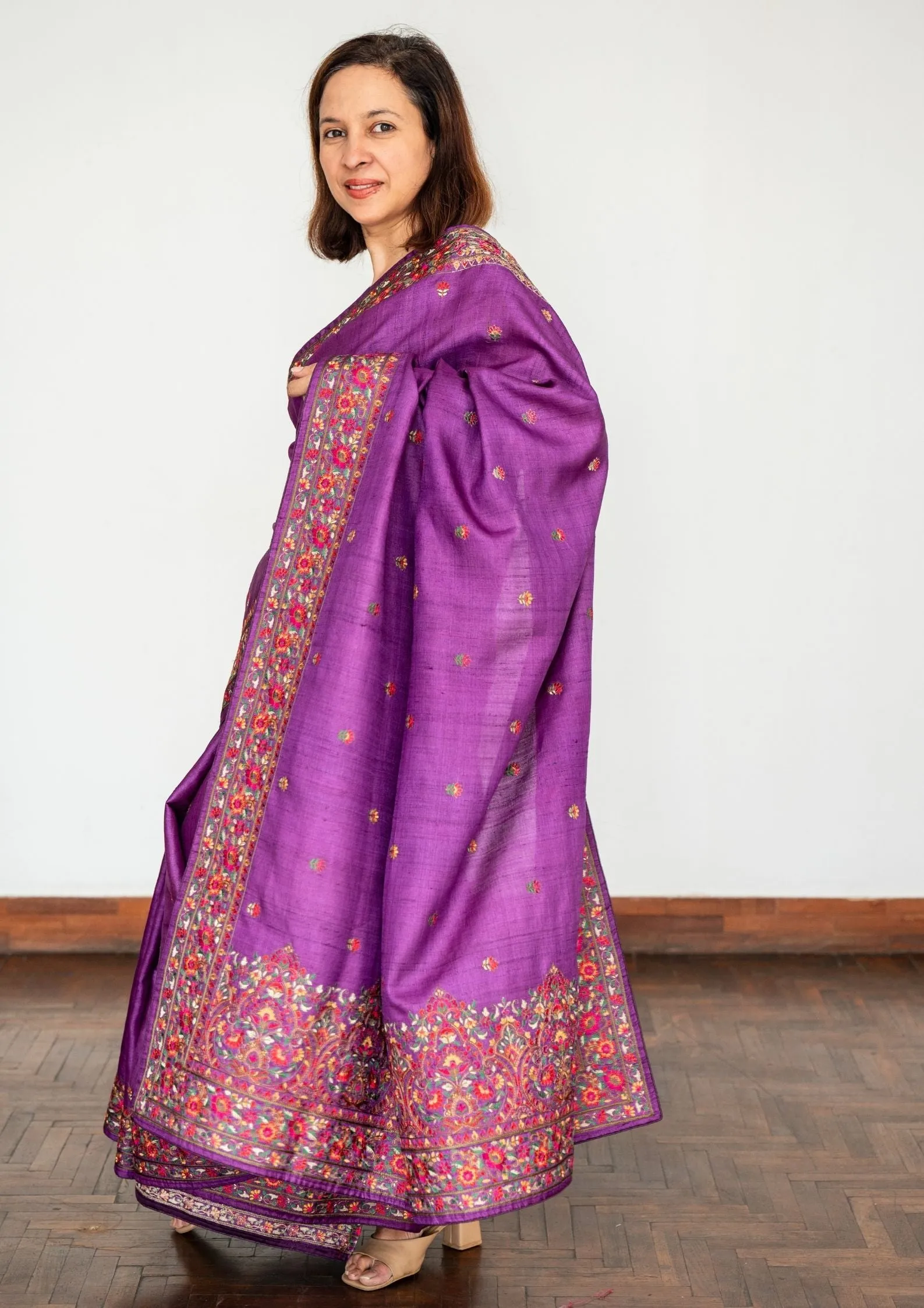 Purple Embroidery Tussar Silk Saree
