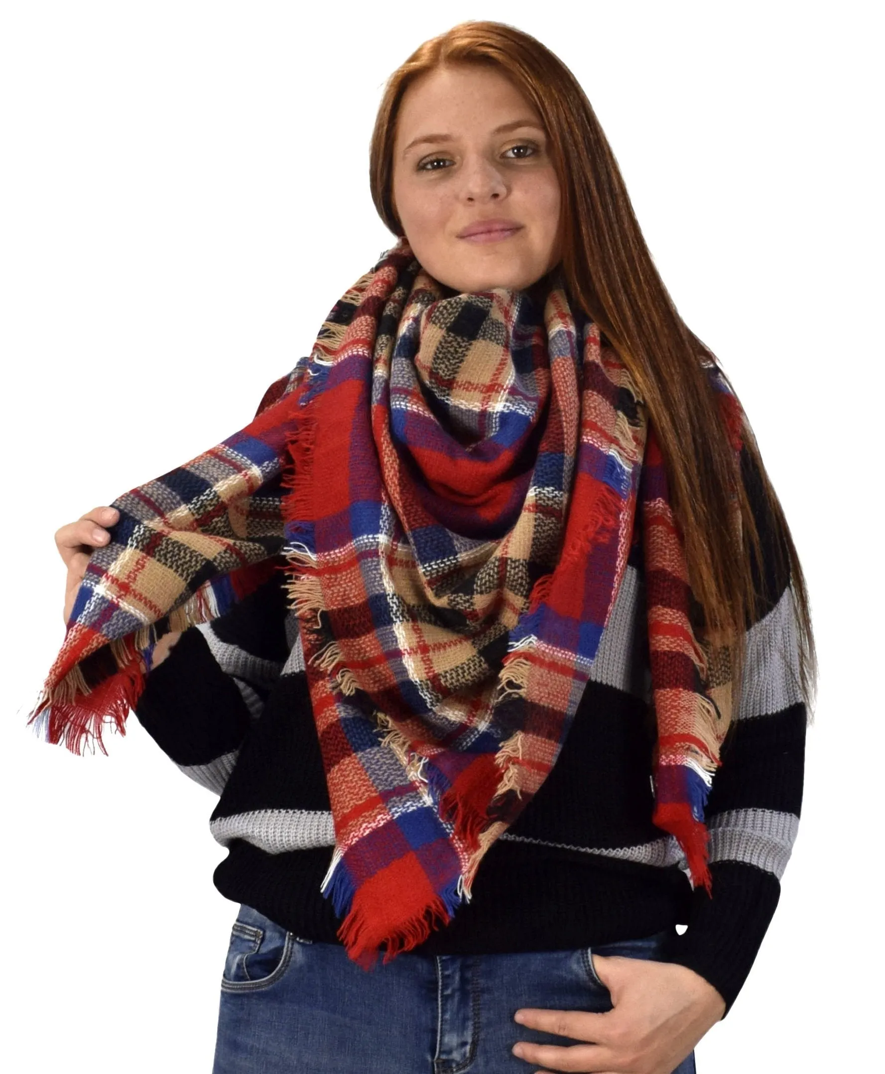 Red Black Warm Tartan Plaid Woven Oversized Fringe Scarf Blanket Shawl Wrap
