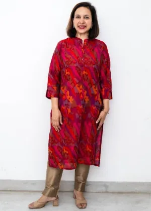 Red Ikat Chinese Collar Silk Long Kurta