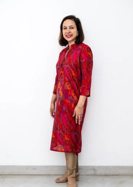 Red Ikat Chinese Collar Silk Long Kurta