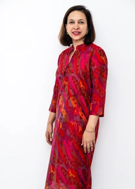 Red Ikat Chinese Collar Silk Long Kurta