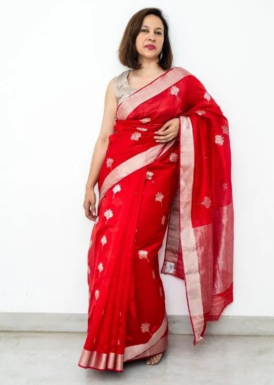 Red Silverbuti Silk Chanderi Saree