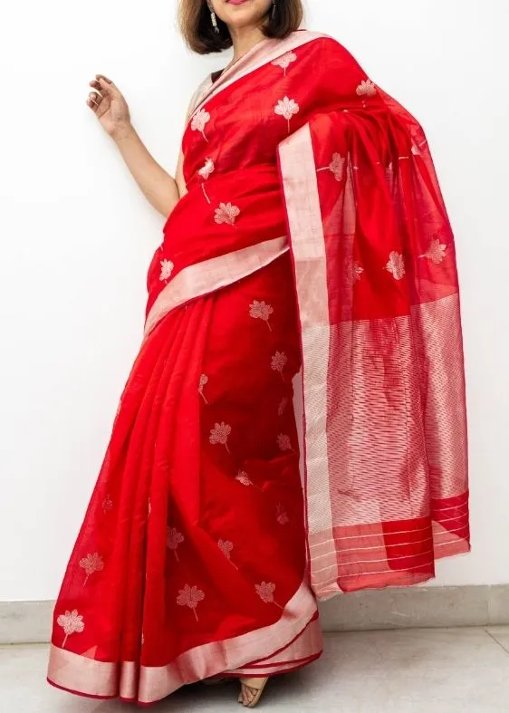 Red Silverbuti Silk Chanderi Saree