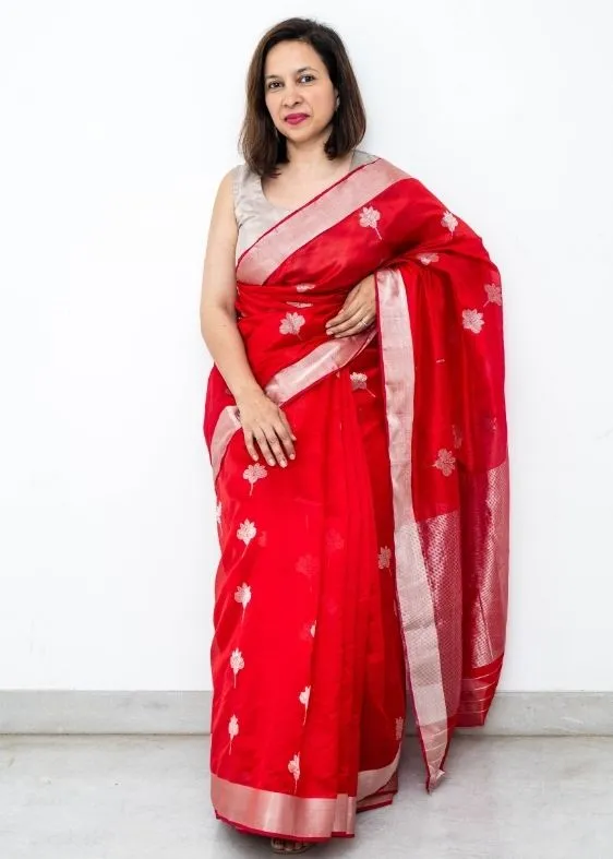 Red Silverbuti Silk Chanderi Saree