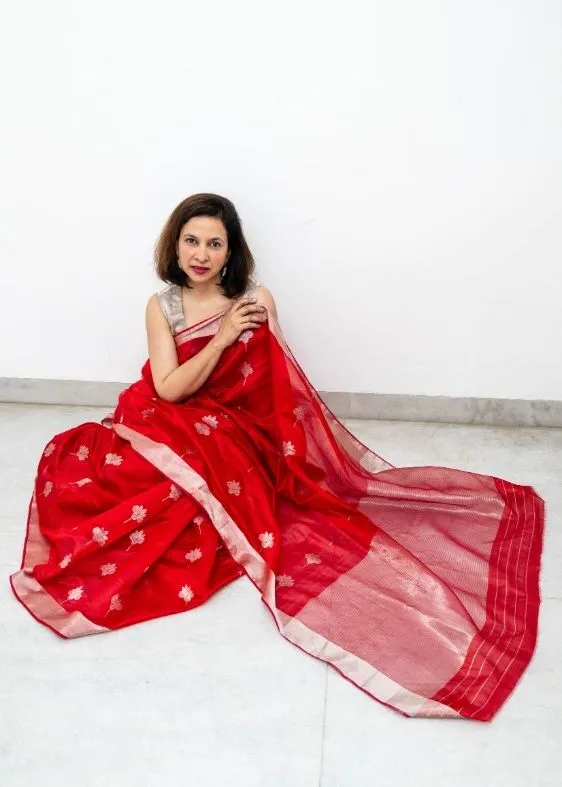 Red Silverbuti Silk Chanderi Saree
