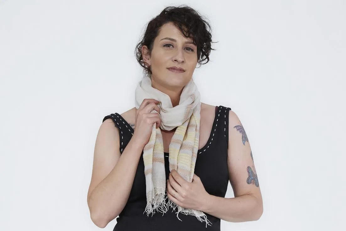 Santa Monica by SOSH - Handwoven Cotton Scarf, Beige w/ Stripes