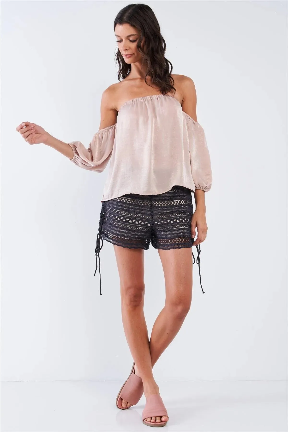 Solid Tan Beige Elegant Satin Loose Fit Off-The-Shoulder Balloon Midi Sleeve Cropped Top