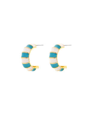 Striped Enamel Gold Hoop Earrings in Blue & White