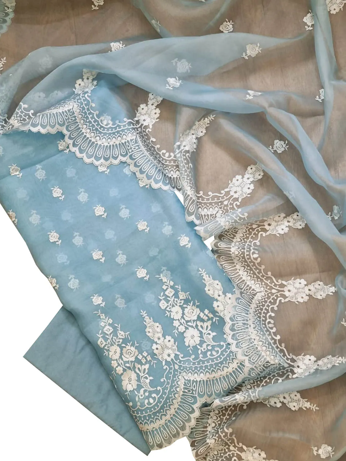Stunning Blue Banarasi Organza Suit with Embroidery - 3 Piece Unstitched Set