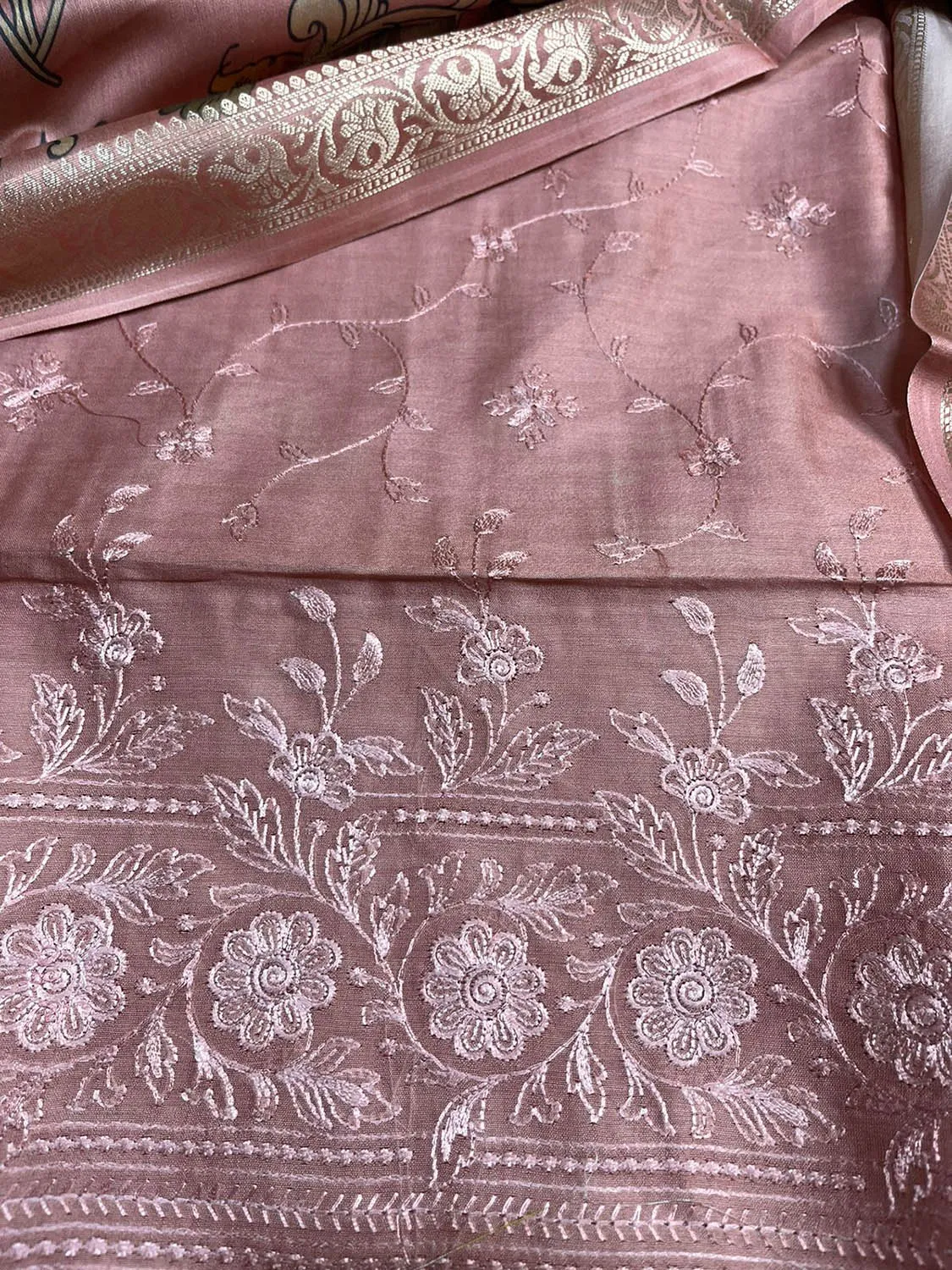 Stunning Pink Digital Printed Chanderi Silk Embroidered Three Piece Suit Set