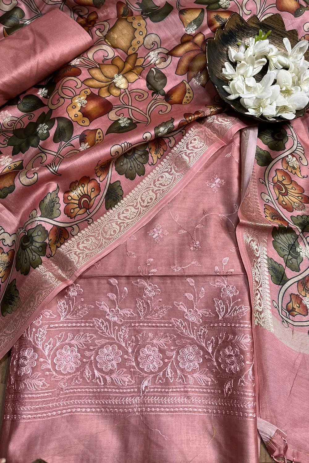 Stunning Pink Digital Printed Chanderi Silk Embroidered Three Piece Suit Set