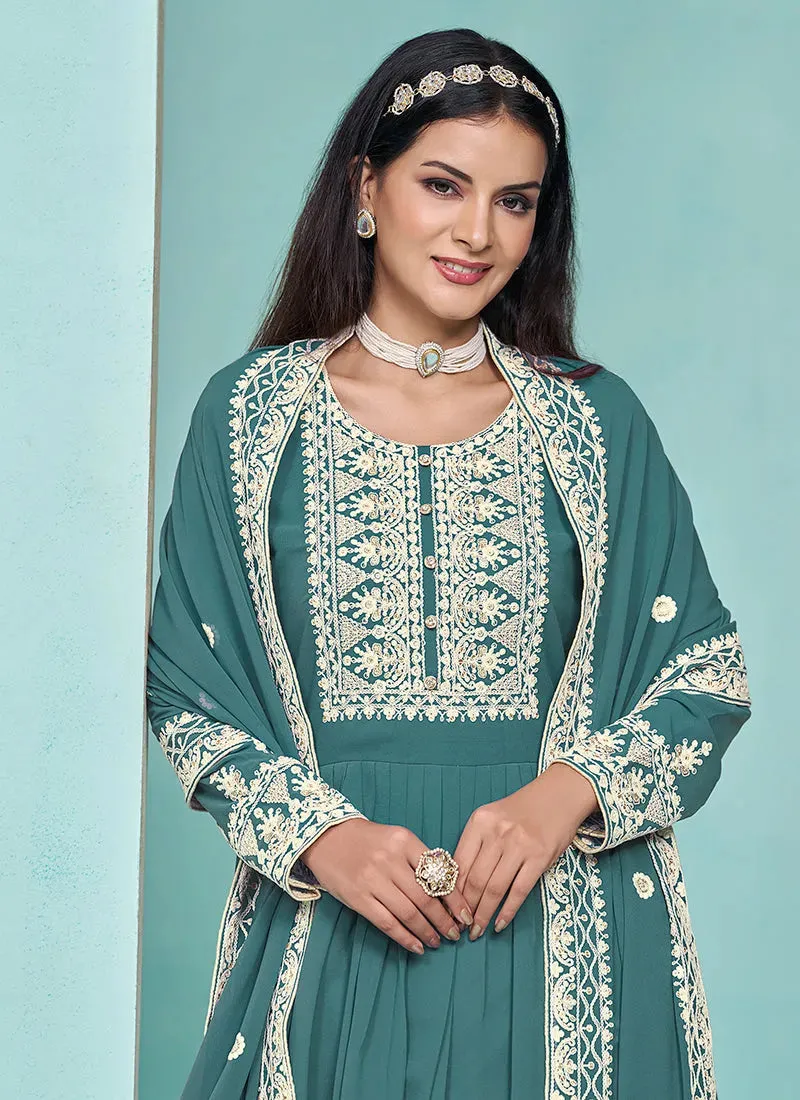 Traditional Turquoise Embroidered  Anarkali Palazzo Suit
