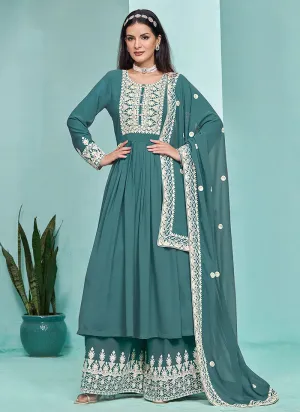 Traditional Turquoise Embroidered  Anarkali Palazzo Suit