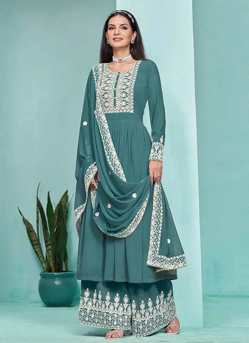 Traditional Turquoise Embroidered  Anarkali Palazzo Suit